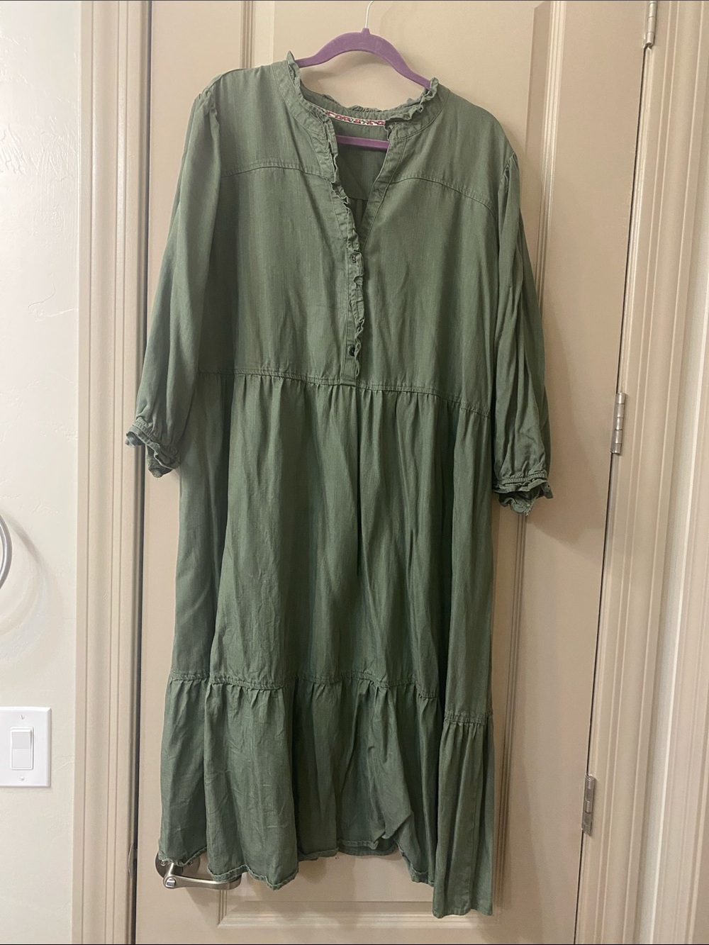 Westbound Olive Green Tiered Midi Dress with Ruffle Trim